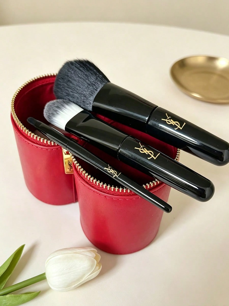 Ysl Beauty Makeup Set - YSL make-upkwastenset, rode cilindervormige etui, gouden